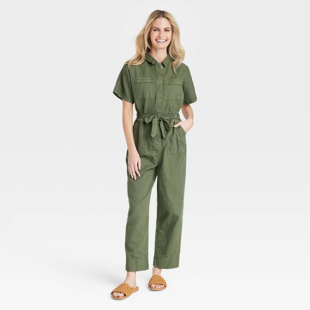 Women's Short Sleeve Button-Front Boilersuit - Universal Thread Olive Green